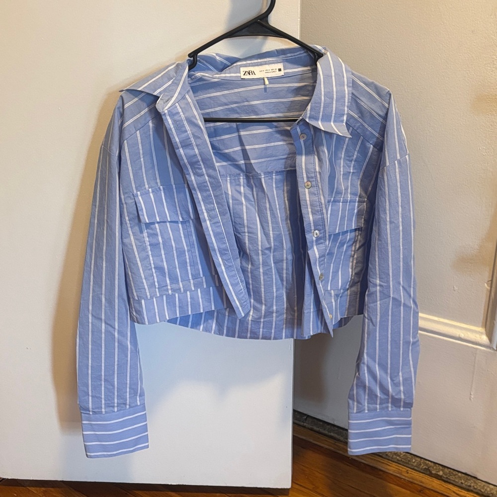 Zara Light Blue Striped Cropped Blouse